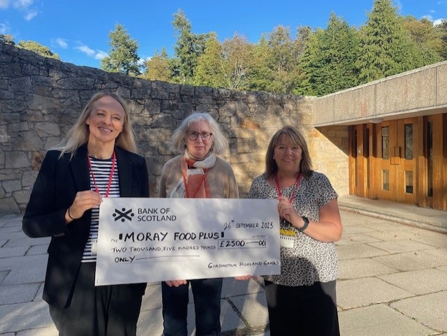 Gordonstoun Highland Games 2025 Nominated Charity Moray Food Plus cheque presentation